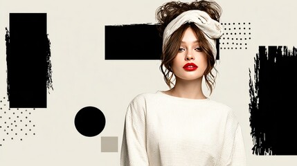 Fashionable Woman with Headband in Modern Graphic Backdrop