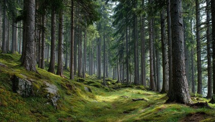 Fototapeta premium Sunlight filters through the tall trees of a lush green forest, illuminating a mossy path and creating a serene woodland scene.