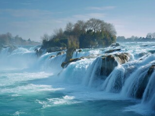 Fototapeta premium Spectacular Waterfall Group Landscape, Rushing Waters with Riverbank Vegetation, for Travel Promotion, Geography Popularization, Natural Aesthetics Design, Ecological Scenery Display