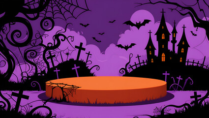 Orange podium on spooky Halloween graveyard with castle bats