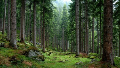 Fototapeta premium Sunlight filters through the tall evergreen trees of a lush forest, creating a serene and peaceful atmosphere on the mossy ground.