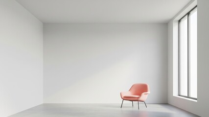 An empty minimalist room with white walls, concrete floor, and one chair in bold Peach Fuzz pink. Wide-angle, natural daylight from window, no people.