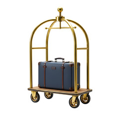 Elegant gold luggage cart with a dark blue suitcase, perfect for hotel travel and transportation isolated on white or transparent background. PNG format.