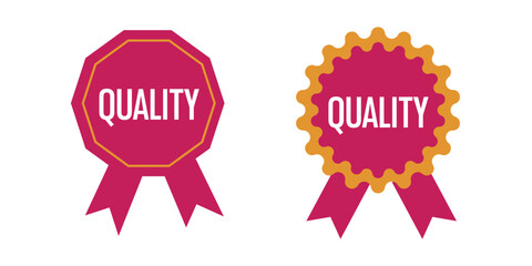 Two quality badges with different shapes and ribbons isolated on a white background image illustration
