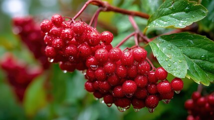 Fototapeta premium Clusters of bright red berries glisten with raindrops on a vibrant green vine