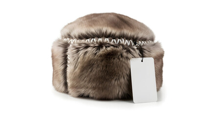 Fluffy Brown Fur Hat (Ushanka Style) with Blank Tag Isolated on White