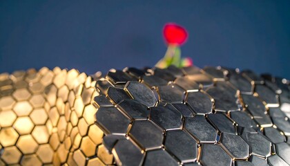 Abstract geometric design with hexagon tiles and a blurred flower