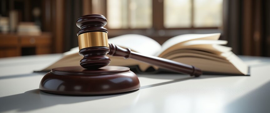 Wooden gavel resting on sound block with open legal book in soft focus background inside courtroom - Powered by Adobe