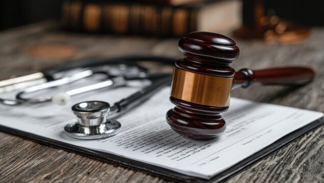 A gavel rests on legal documents beside a stethoscope, symbolizing medical malpractice or healthcare law issues on a wooden .