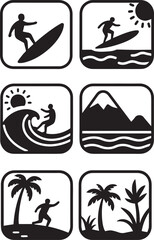 A set of six black silhouette vector icons in rounded squares, depicting a beach and surfing theme. The icons feature surfers, palm trees, sun, waves, a running person, mountains, and the sea.