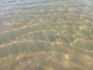 An abstract view of sunlight reflecting on the clear, rippling surface of the sea, revealing the sandy beach bottom below. Perfect for summer and travel themes.