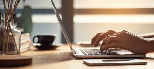 The laptop on a wooden desk illuminated by warm sunlight in a cozy workspace.