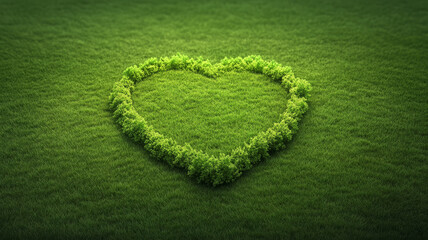 Heart shaped bush on green grass, symbolizing love for nature and environmental care