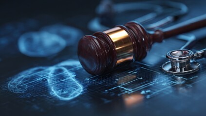 A gavel and stethoscope rest on a digital blueprint, symbolizing the intersection of law, medicine, and technological advancement in healthcare decisions.