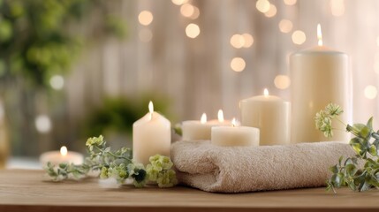 The calming presence of lit candles surrounded by soft textures and nature elements.