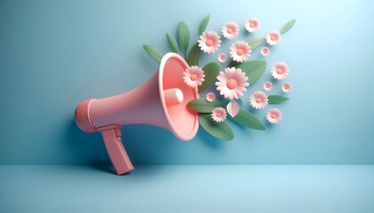 A creative 3D design of a pink megaphone with flowers blooming out, symbolizing good news, spring, or a positive message.