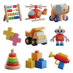 Collection of colorful children s toys 3d rendered illustration isolated on transparent background