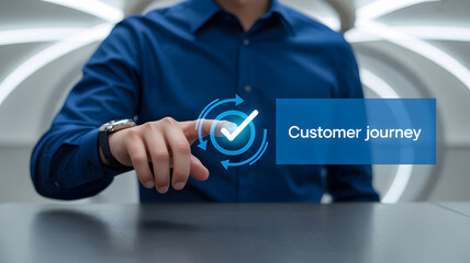 Business professional interacts with digital interface, optimizing customer journey with clear checkmark and circular arrows.