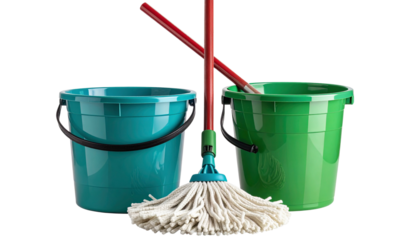 Cleaning mop with bucket, realistic style, isolated on transparent background, PNG