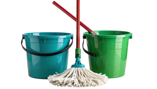 Cleaning mop with bucket, realistic style, isolated on transparent background, PNG