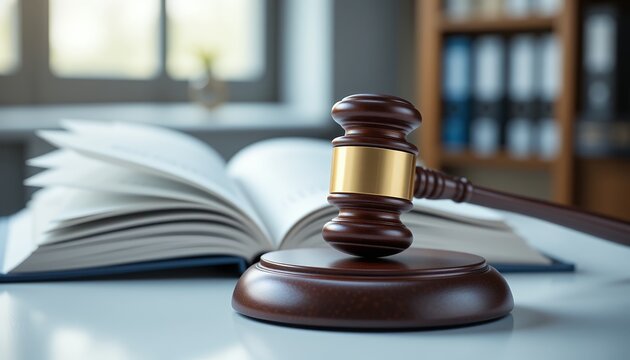 Close up of judicial gavel on wooden base in courtroom with legal book in background
