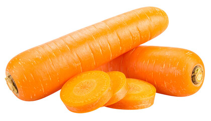 Two fresh orange carrots with stacked slices, isolated on a white background. PNG format.