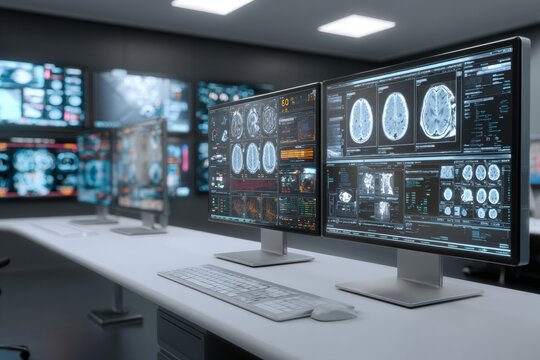 This modern radiology lab features an array of high-resolution screens displaying detailed medical scans. The environment is designed for efficient analysis and diagnosis within healthcare