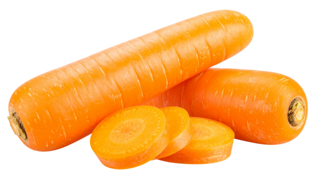 Two fresh orange carrots with stacked slices, isolated on a white background. PNG format. 