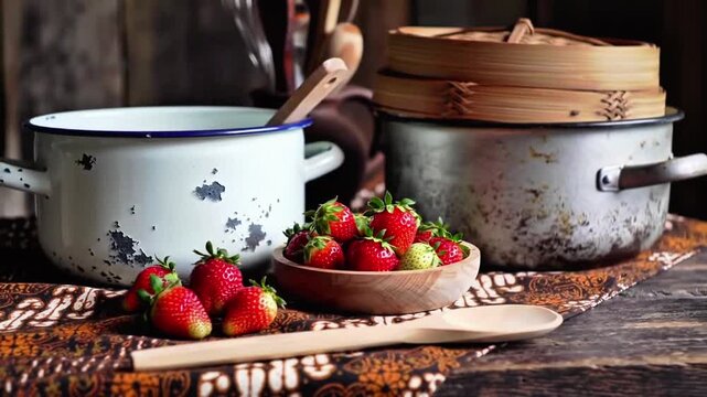 Fresh Strawberries with Retro Enamel Kitchen Tools.
Rustic Kitchen Setting with Strawberries and Enamelware.
Vintage Enamel Utensils with Fresh Fruit Decor