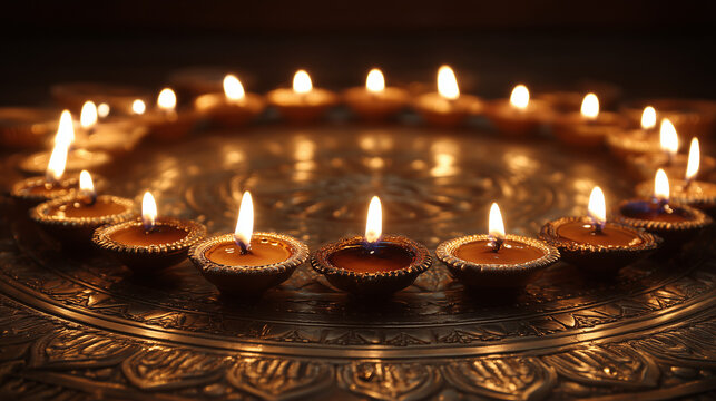 Ashwin Pratipada spiritual, close-up of diya lamps arranged in circle for divine blessings