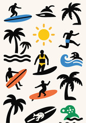 A set of colorful vector icons depicting a summer beach and surf theme. The icons include various surfers, palm trees, the sun, waves, and a person running, all in a stylized and fun design.