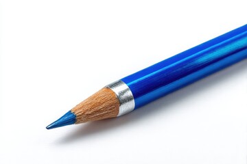 Close up of a sharpened blue colored pencil with a silver ferrule isolated on white background