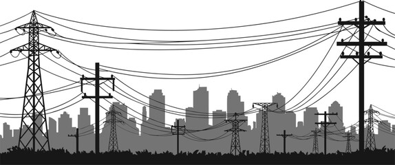 City skyline with multiple power lines, transmission towers, and utility poles silhouette illustration