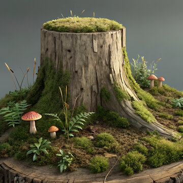 Enchanted forest scene with moss covered tree stump and mushrooms