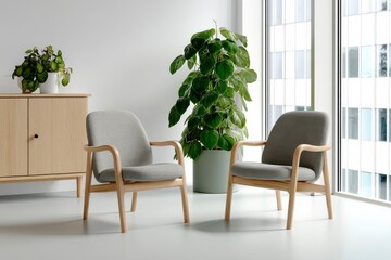 Light-filled room with two light gray upholstered armchairs and a wooden cabinet, alongside a large leafy plant