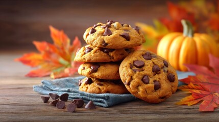 Autumn-themed image with a stack of pumpkin chocolate chip cookies, loose chocolate chips, and fall leaves, pumpkin on a wooden surface