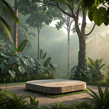 Empty stone podium in a misty tropical rainforest with lush green foliage