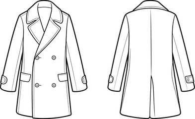 cad drawing flat vector illustration of classic double breasted long trench coat front and back view