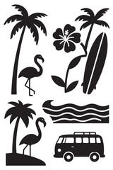 A set of black silhouette vector graphics on a white background, featuring a surfboard, palm trees, flamingos, a hibiscus flower, waves, and a camper van, all with a retro surf-style theme.