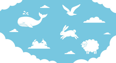 Whimsical sky scene with playful whale, jumping rabbit, soaring bird, and fluffy sheep amidst clouds for children's themes and dreams