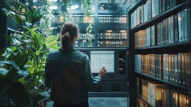 Modern Indoor Data Center Management with Female Engineer and Greenery