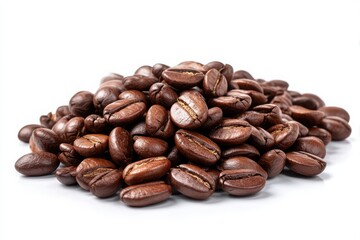 Naklejka premium A pile of roasted coffee beans with a rich brown color isolated on white background
