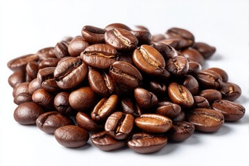 Naklejka premium A pile of roasted coffee beans with a rich brown color isolated on white background