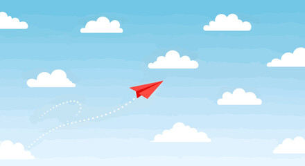Red paper airplane soaring through a bright blue sky dotted with fluffy white clouds, leaving a dotted trail symbolizing journey and progress.