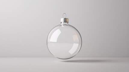 Transparent glass Christmas ornament with delicate silver cap, floating against minimalistic gray background, evoking serene holiday mood