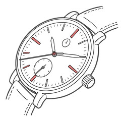 Close up illustration of a classic analog wristwatch with a white face and leather strap