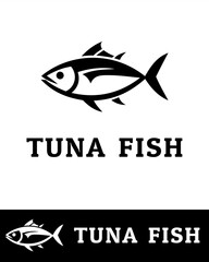 Minimalist black tuna fish logo design with bold lines and stylized features in flat style 