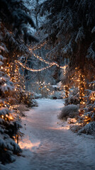 Snowy path with decorated trees and glowing lights creates a magical winter atmosphere. Perfect for seasonal holiday stock imagery.
