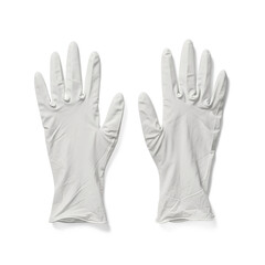 Obraz premium Pair of white latex medical examination gloves isolated on a transparent background image png, cut out, clipping path, social media, Advertisement, high quality, HD photo, close up.