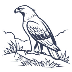 Majestic eagle perched on rocky ground with grass and clouds in stylized outline